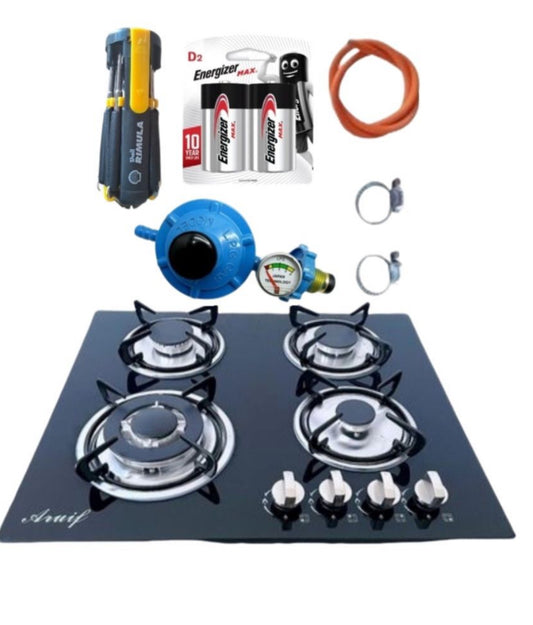 Tempered Glass 4 Burner Gas Hob & Fittings & Screwdriver Set