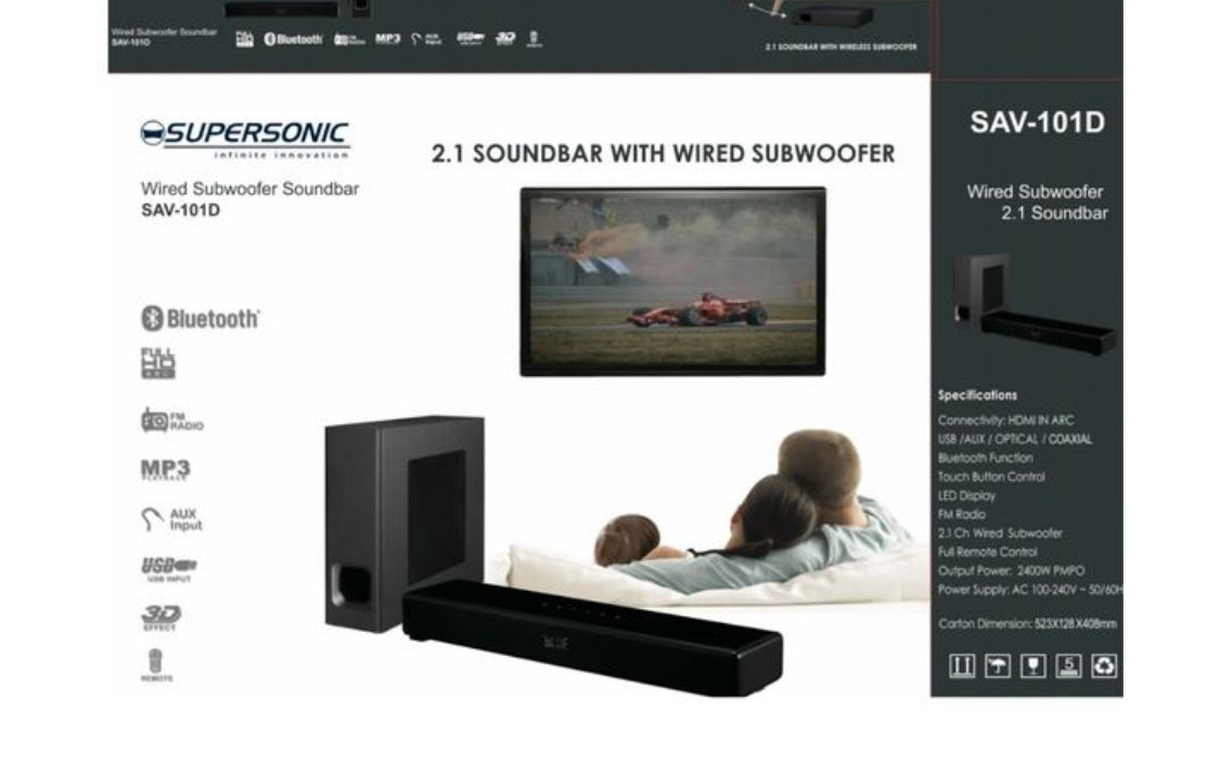 Supersonic 2.1Channel Bluetooth and Sound Bar with Wired Subwoofer SAV-101D