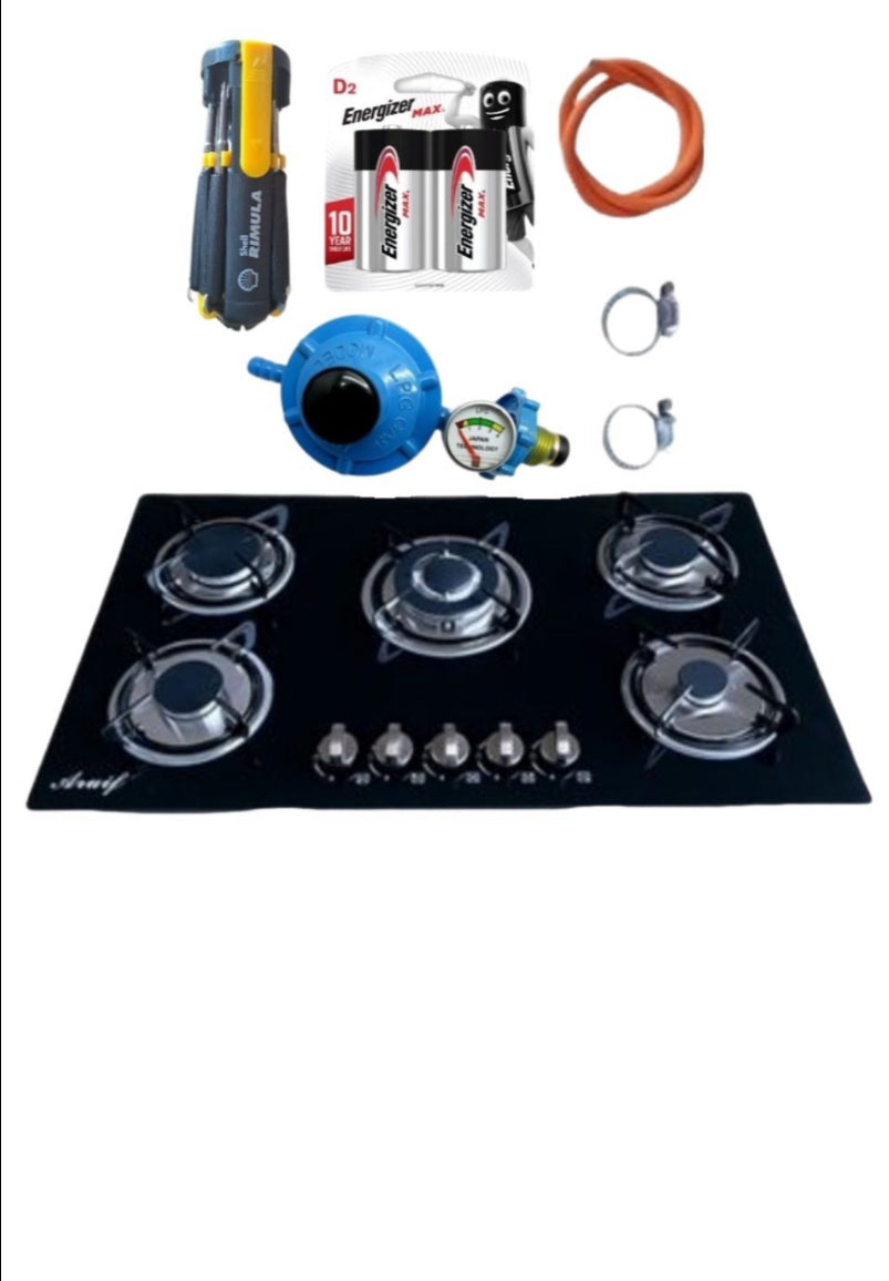 Tempered Glass 5 Burner Gas Hob & Fittings & Screwdriver Set