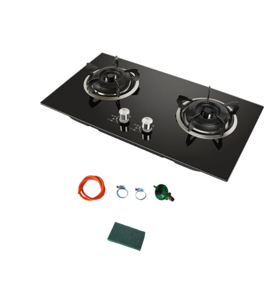 Glass Top Gas Stove - 2 Burner with Pipe & Regulator