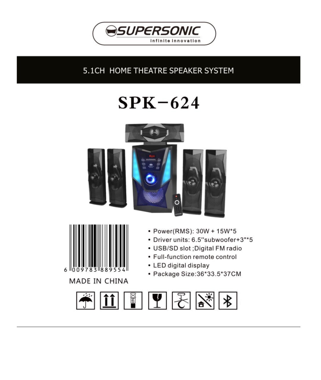 Supersonic 5.1CH Home Theatre Speaker System Bluetooth/AUX/USB/SD SPK-624