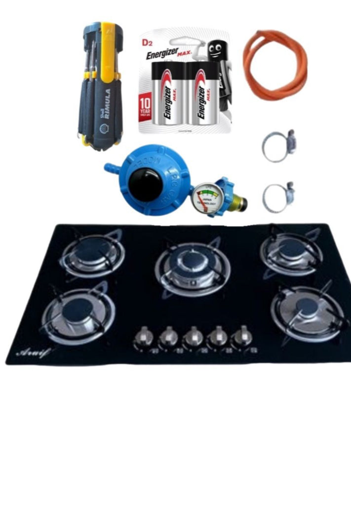 Tempered Glass 5 Burner Gas Hob & Fittings & Screwdriver Set