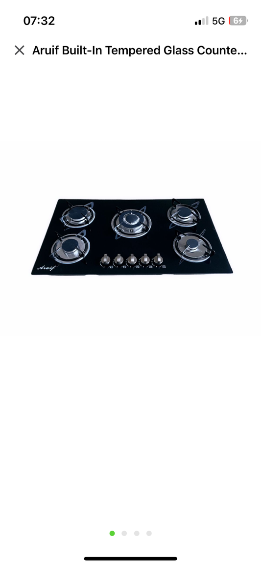 Aruif Built-In Tempered Glass Countertop 5 Burner Gas Hob 880mmx510mm