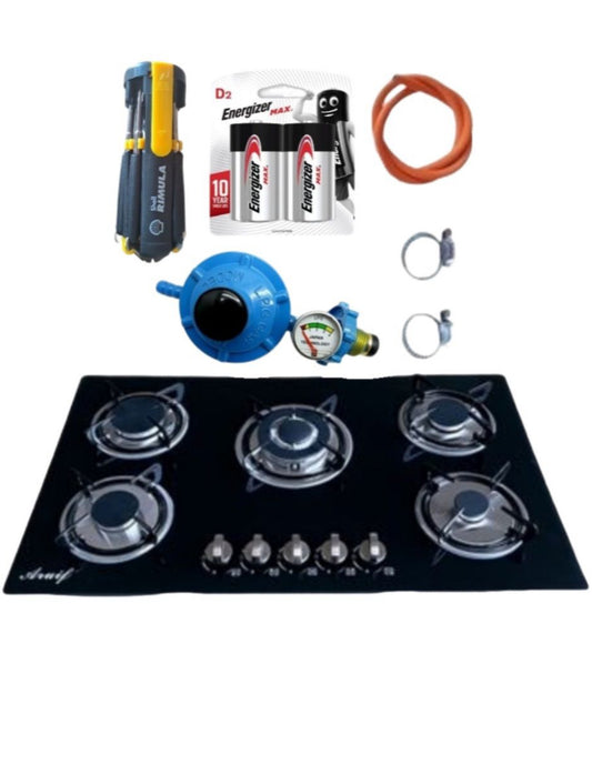 Tempered Glass 5 Burner Gas Hob & Fittings & Screwdriver Set